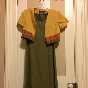 Khaki sleeveless dress with bolero embroidered mustard yellow jacket